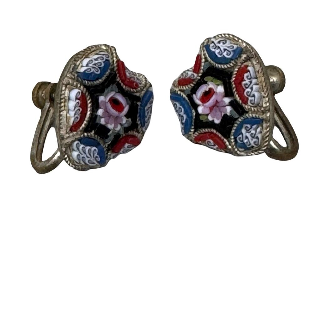 Vtg Heart Shaped Micro Mosaic Glass Italy Screw Back Earrings Huggie Victorian - Picture 3 of 6